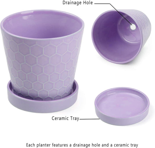 EFISPSS Flower Planter –5 inch Ceramic Plant Pots with Drainage Holes and Ceramic Tray - Gardening Home Desktop Office Windowsill Decoration Gift Set of 4 - Purple