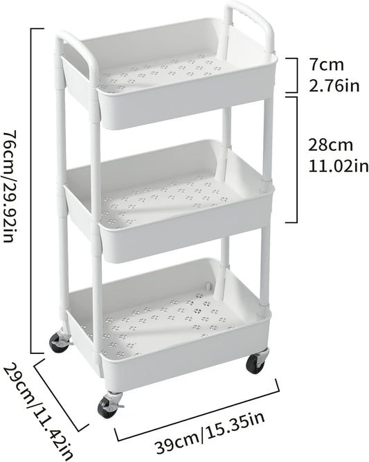 Sywhitta 3-Tier Plastic Rolling Utility Cart with Handle, Multi-Functional Storage Trolley for Office, Living Room, Kitchen, Movable Storage Organizer with Wheels, White