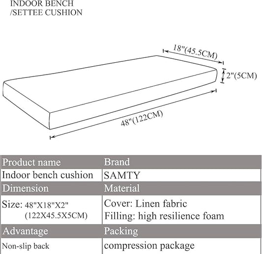 Memory Foam Chair Pads Non-Slip Rubber Back Indoor Swing /Settee Cushion 48inX18inX2in(122X45.5X5CM), Blue