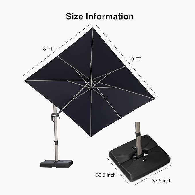 PURPLE LEAF 8' X 10' Left-right Tilting Patio Umbrella with Base Outdoor Swivel Cantilever Offset Aluminum Umbrella with Champagne Frame and 360-degree Rotation for Garden Deck Pool, Navy Blue