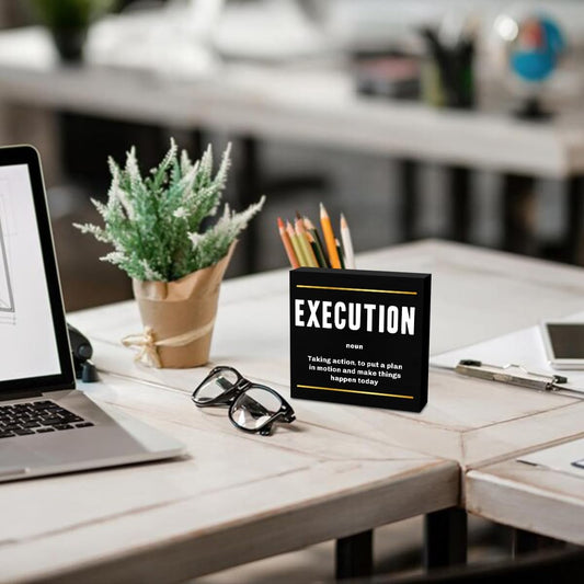 Execution Noun Entrepreneur Black Wooden Box Sign, Inspirational Office Decor, Decorative Table Shelf Desk Rustic Workplace Home Living Room Decor Office Decorations Desk Accessories 