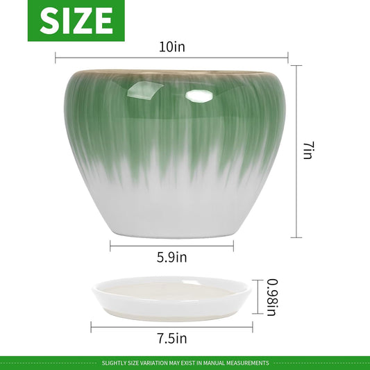Deep Dream 10 Inch Plant Pot- Ceramic Planter Pot Round Plant Pots for Indoor Plants Outdoor Large Flower Pot with Drainage Holes & Trays, White&Green
