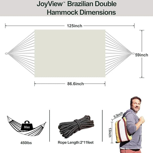 JoyView Brazilian Double Hammock with Hanging Ropes Extra Large 86.6x59” Portable Cotton Hammock for Patio Backyard Porch 450LBS Weight Capacity Perfect for Outdoor/Indoor - Natural White
