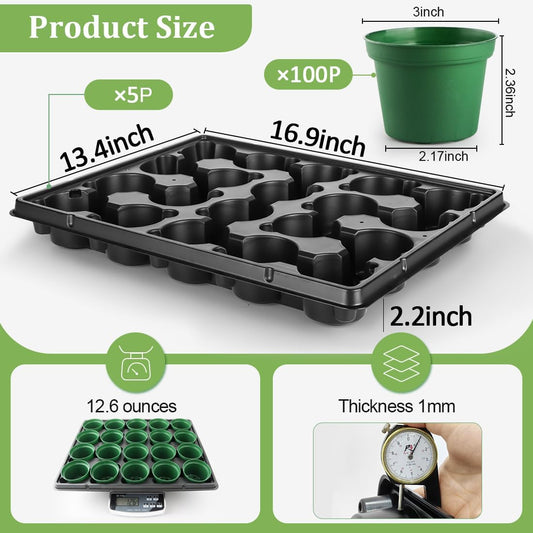 3 Inch Nursery Pots 100 Pcs with 5 Pcs 20 Cell Nursery Pot Trays, 5 Sets Seed Starting Kit for Seedlings, Propagation and Home Gardening, Sturdy Green Seeds Starter Pot Tray Germination Set