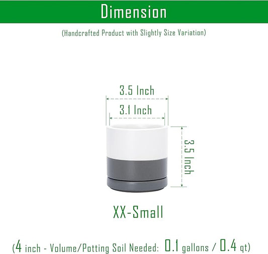 D'vine Dev 3.5 Inch Ceramic Planter Pot with Drainage Hole and Saucer, Indoor Cylinder Round Planter Pot, White/Speckled Grey, 94-O-A-6