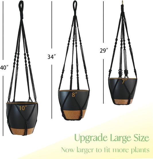 3 Pack Self Watering Hanging Planters Macrame Plant Hangers with Indoor Flower Pots 10" / 8" / 7", 3 Different Size Hanging Basket, Plant Hanger with Hooks for Garden Home Decor Black Large