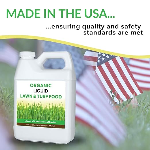 Organic Liquid Lawn & Turf Food - Quickly Rejuvenates Lawn Health and Restores Rich Green Colors to Depleted Grass | Infused with Soil Enriching Microbes (32oz, Treats Up to 5,000 Sq. Feet)