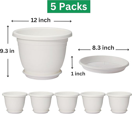 5 Packs 12 inch Flower Pots + Saucer, Planters for Indoor & Outdoor Plants with Drainage Holes | Plastic Flower Pots, Large Planter (White, 12 inch)