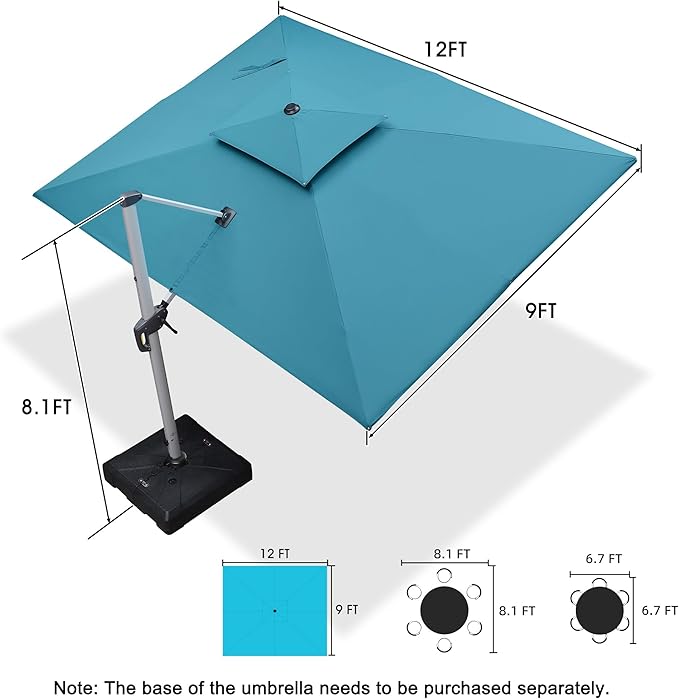 PURPLE LEAF 9' X 12' Patio Umbrella Outdoor Rectangle Umbrella Large Cantilever Umbrella Windproof Offset Heavy Duty Sun for Garden Deck Pool Patio, Turquoise Blue