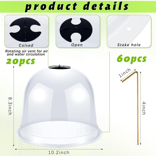 20 Pack Garden Cloche Plant Dome 10.2 D x 8.3 H Plant Cover Plastic Humidity Dome Reusable Plant Protector Mini Greenhouse Dome Plastic Plant Bell Cover with Ground Securing Pegs for Outdoors Plants