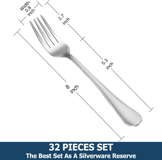 32-Piece Dinner Fork Set, Stainless Steel Silverware, Cutlery, Mirror Polished, Dishwasher Safe - 8 Inch
