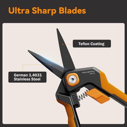 PrunePro Garden Scissors Pruning Shears Sharp Stainless Steel Non-Stick Teflon Coating Blade for Precise Cuts Garden Snip Bonsai Clippers for Plants Rose Flower Orange 2 Pack
