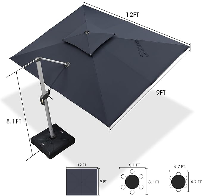 PURPLE LEAF 9 X 12 FT Cantilever Patio Umbrellas with Base Included, Large Square Offset Umbrella with 360° Rotation, Outdoor Aluminum Pool Umbrella for Pool Lawn Garden, Grey