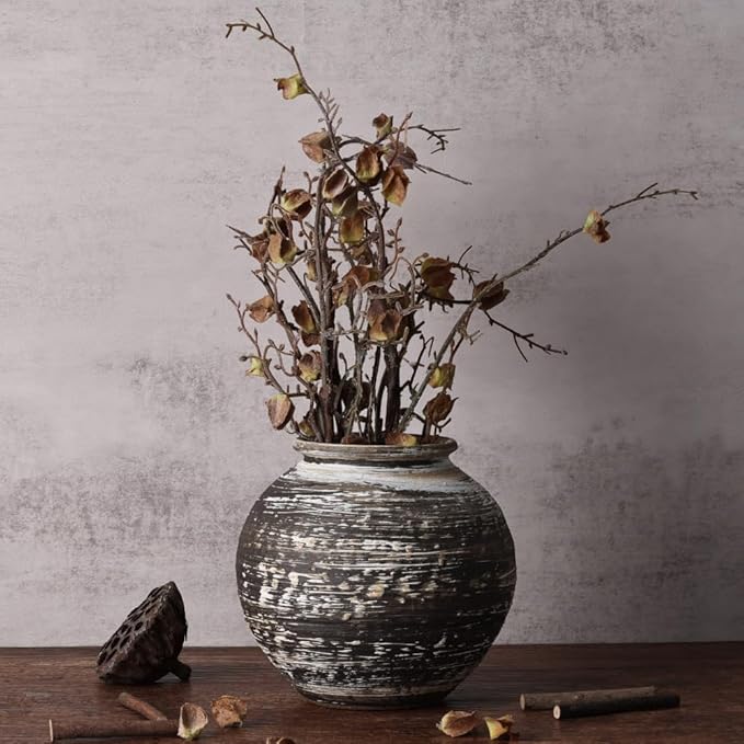 Rustic Terracotta Vase for Farmhouse Decor, Large Vintage Pottery Vases for Home, Wide Mouth Ceramic Vase for Living Room, Kitchen, Table Centerpieces, Modern Rustic Stone Vases