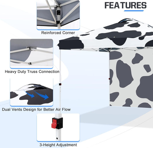 EAGLE PEAK Pop Up Canopy Tent with 1 Sidewall, Easy Setup Event Tent, Outdoor Sun Shade, Wheeled Carry Bag, Stakes and Guy Ropes, Instant Canopy 10x10, Cow Print