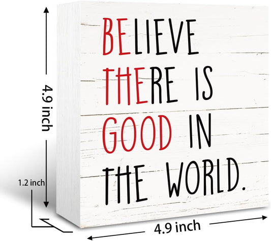 Positive Wood Signs, Inspirational Wooden Table Signs, Farmhouse Shelf Decoration, Rustic Home Decor for Living Room Bedroom, Cafe Bar Decor, Believe There is Good in the World Sign, White