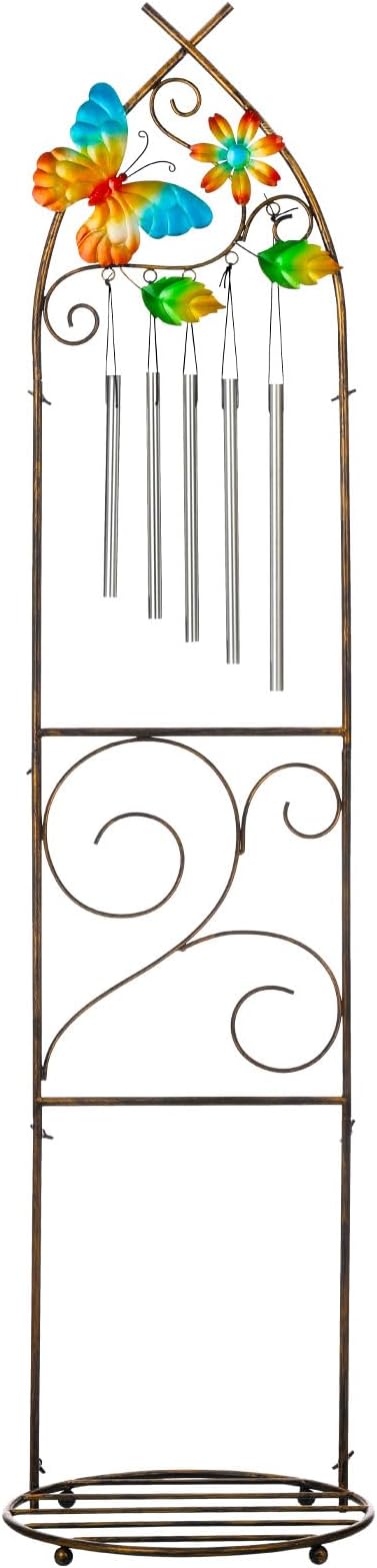 Garden Trellis with Plant Stands, 48” Metal Detachable Butterfly Plant Pot Trellis with Wind Chimes for Climbing Plants Outdoor Lawn Patio Porches Decor