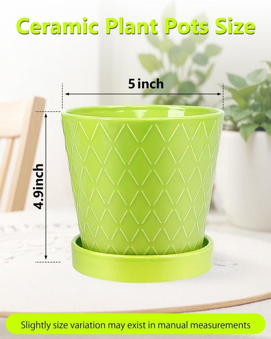 EFISPSS 5 Inch Ceramic Plant Pots Indoor, Planters with Drainage Holes and Ceramic Tray, Relief Design Flower Planter,Desktop Office Windowsill Decoration Gift Set of 4 - Green