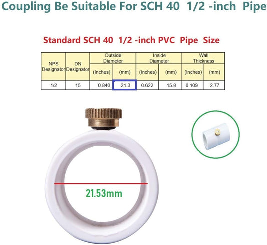1/2 Inch PVC Coupling with Brass Mist Nozzle PVC Splitter with Brass Misting System Nozzles (Pack of 20)