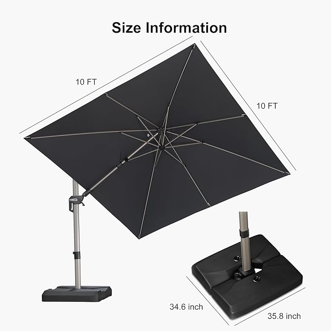 PURPLE LEAF 10' X 10' Left-right Tilting Patio Umbrella with Base Outdoor Swivel Cantilever Offset Aluminum Umbrella with Champagne Frame and 360-degree Rotation for Garden Deck Pool, Grey