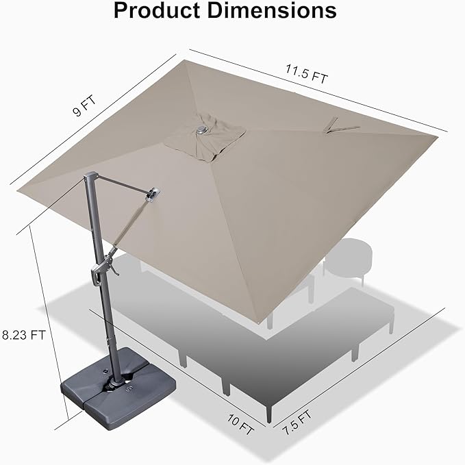 PURPLE LEAF 9' X 11.5' Rectangle Patio Umbrella Outdoor Large Aluminum Cantilever Umbrella with 3-Year Fade Resistance Recycled Fabric and 360-degree Rotation for Deck Pool Garden, Ash Mocha