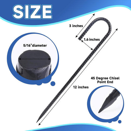 Rebar Stakes 12 inches 34-Pack Ground Stakes Heavy Duty J Hook Tent Stakes for Outdoor Decorations and Inflatables, Metal Yard Stakes for Fencing and Gardening, Gazebo and Swing Set Anchors