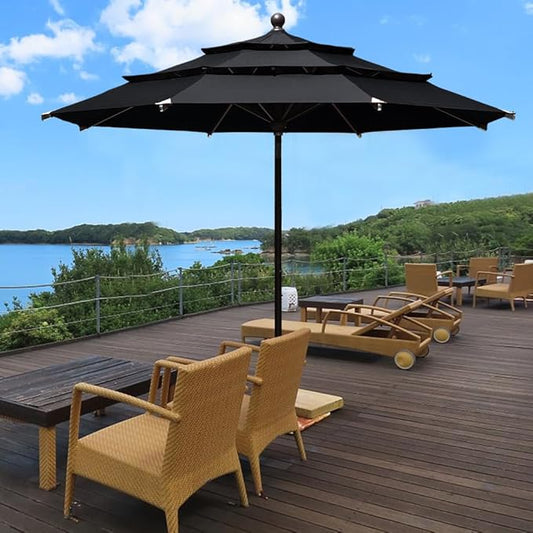EliteShade USA 10-Year-Non-Fading 11Ft 3 Tiers Market Umbrella Patio Outdoor Cylinder Auto Push-up Table Umbrella with Ventilation, Black