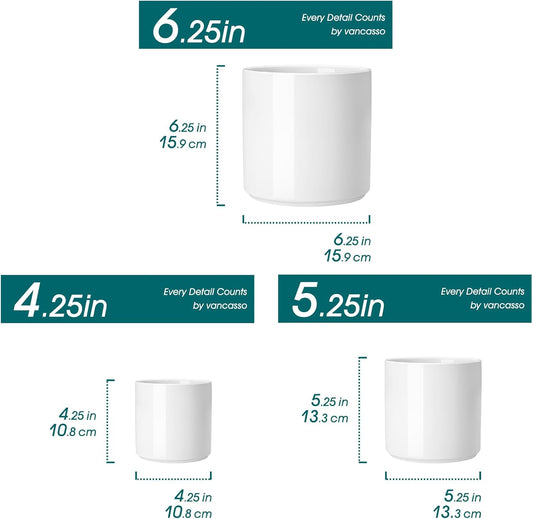 vancasso Ceramic Plant Pots, 4.25+5.25+6.25 Inch Planter Pot with Drainage Hole, Flower Pots for Indoor Outdoor Plants, Set of 3, White