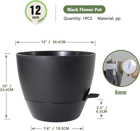 12 inch Large Self Watering Pots for Indoor Outdoor Plants, Flower Plant Pots with Mesh Drainage Holes for Garden House, Plastic Planters with Reservoir for Home Decor, Black