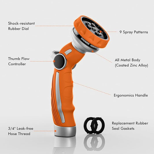 RESTMO Hose Nozzle Heavy Duty, Metal Water Hose Sprayer for Garden, 9 Spray Patterns | High Pressure | Thumb Flow Control | On/Off Valve, Ideal for Lawn & Plant Watering, Car & Pet Washing, Orange