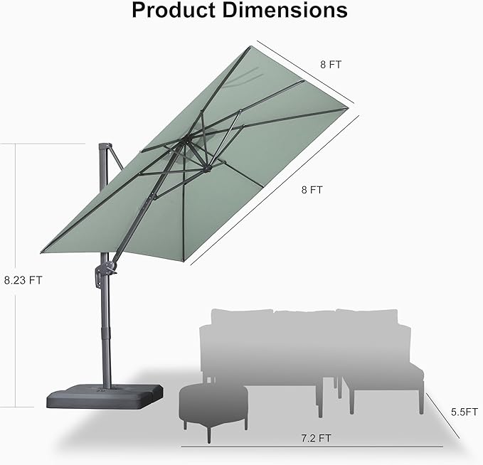 PURPLE LEAF 8 FT Outdoor Umbrella with Base Patio Cantilever Aluminum Umbrella with 3 Years Fade Resistance Recycled Fabric Offset Square with 360-degree Rotation for Deck Pool Garden, Mint Green
