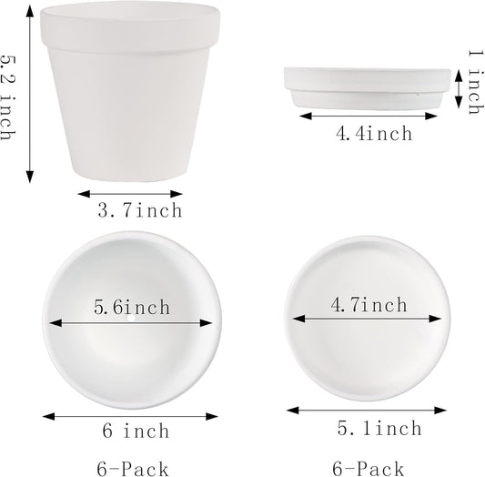 Yishang Large Terra Cotta Pots with Saucer- 6 Pack Large 6'' Terra Cotta Plant Pot with Drainage Hole, Flower Pot with Tray, Terracotta Pot for Indoor Outdoor Plant(White)