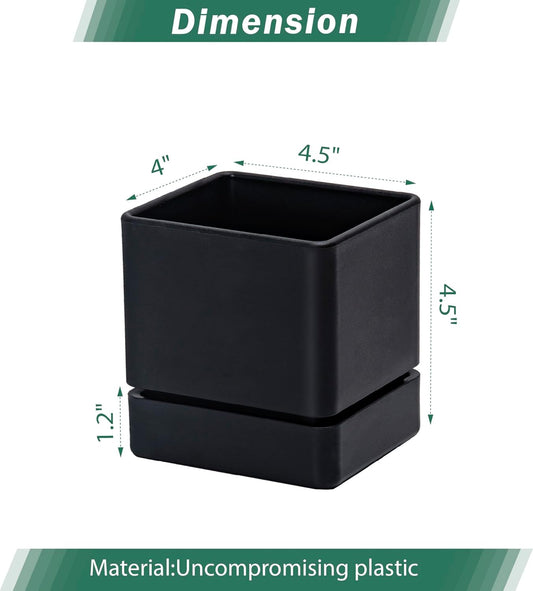 4 Inch Herb Planter Pot, Plastic Planter with Drainage Holes and Saucer, Modern Decorative Gardening Pot for Indoor Plants, Flowers, Herbs, Succulents, Black, Set of 3, 76-Y-B-3