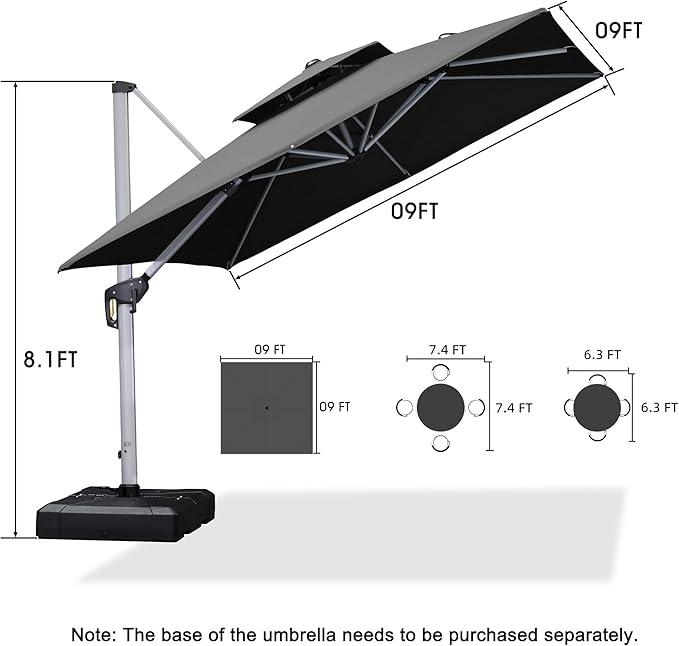 PURPLE LEAF 9ft Patio Umbrella Outdoor Square Umbrella Large Cantilever Umbrella Windproof Offset Heavy Duty Sun for Garden Deck Pool Patio, Grey