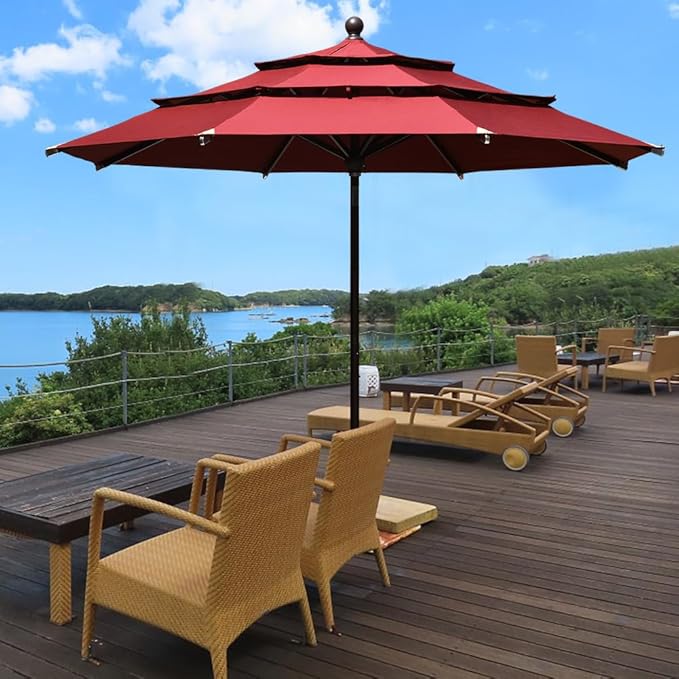 EliteShade USA 10-Year-Non-Fading 11Ft 3 Tiers Market Umbrella Patio Outdoor Cylinder Auto Push-up Table Umbrella with Ventilation, Burgundy