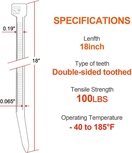 18 Inch Zip Ties Double Sided Toothed,100 LBS Tensile Strength Heavy Duty Cable Wire Ties With Self-Locking Adjustable More Durable Nylon Tie Wraps for Indoor Outdoor(200 Pack)