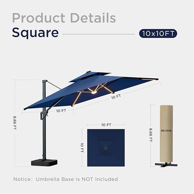 10x10 FT Cantilever Patio Umbrella with Led Lights Double Top Outdoor Square Heavy Duty Offset Umbrellas 360°Rotation Free-motion Track Tilt Windproof for Pool Deck Garden, Navy
