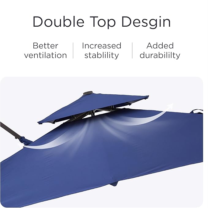 9' X 12' Cantilever Patio Umbrella with Base Included 360°Rotation Rectangular Outdoor Large Offset Umbrellas Double Top Heavy Duty Windproof for Garden Deck Pool, Navy