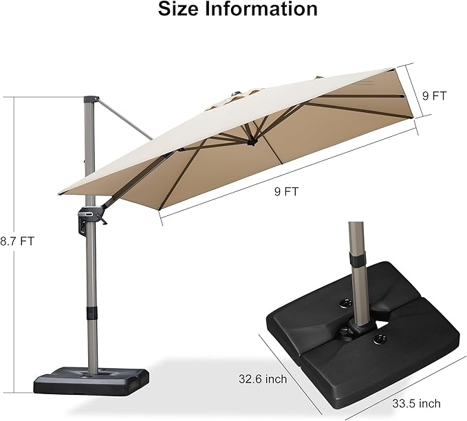 PURPLE LEAF Patio Umbrella with Base Included, 9ft Outdoor Aluminum Cantilever Umbrella with 360° Rotation, Aluminum Large Offset Umbrella for Outdoor Garden Pool, Beige