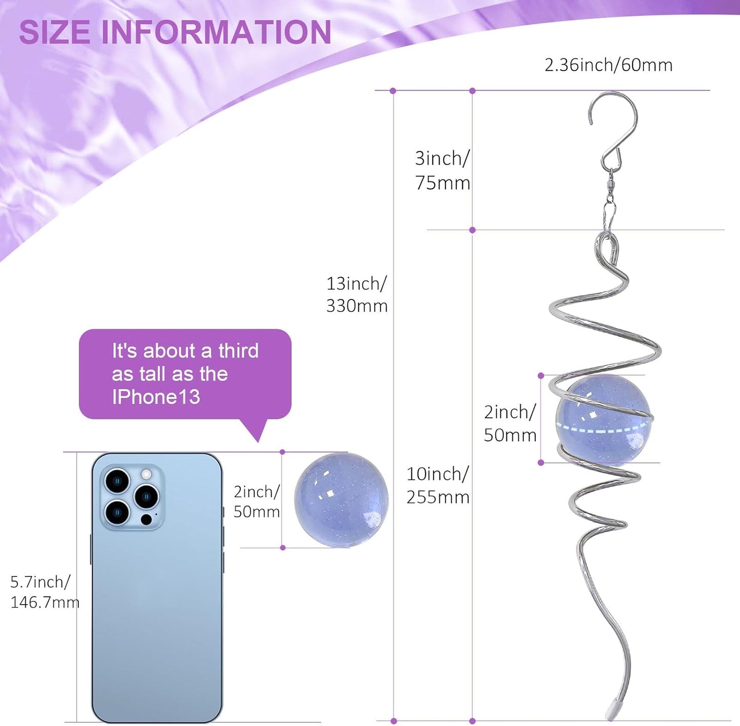 Gazing Ball Spiral Tail, Wind Spinner Stabilizer with Purple Glass Orb | 13-Inch Sun Catcher Rainbow Maker, Mesmerizing Rotating Art for Outdoor Garden Yard | Unique Hanging Decor & Gift