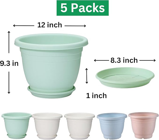 5 Packs 12 inch Flower Pots + Saucer, Planters for Indoor & Outdoor Plants with Drainage Holes | Plastic Flower Pots, Large Planter (Colorful, 12 inch)