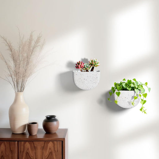 2 Pack Wall Hanging Planter Pots for Indoor and Outdoor Plants, 7 Inch Half-Moon-Shaped Plastic Wall Planter, Wall Mounted Succulent Planters (Speckled White)