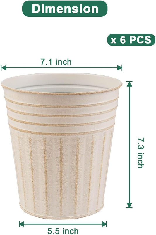 vensovo 7 Inch Beige Metal Rustic Flower Pots - 6Pcs Medium Galvanized Planters with Drainage Hole and Rubber Plug, Rustproof Metal Bucket Plant Pots Farmhouse Vintage Style for Decor