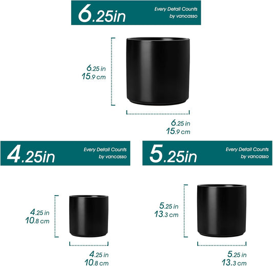 vancasso Ceramic Plant Pots, 4.25+5.25+6.25 Inch Planter Pot with Drainage Hole, Flower Pots for Indoor Outdoor Plants, Set of 3, Black