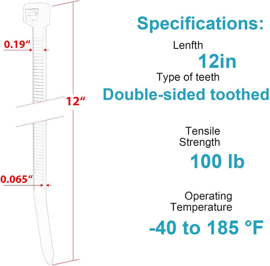 12 Inch Zip Ties Double Sided Toothed,100 LBS Tensile Strength Heavy Duty Cable Wire Ties With Self-Locking Adjustable More Durable Nylon Tie Wraps for Indoor Outdoor(200 Pack)