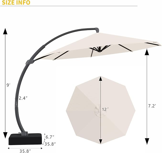 Kingdura 12ft Cantilever Patio Umbrella with Base Included, Large Round Offset Outdoor Pool Umbrella, 360° Rotation & Infinite Tilt, Heavy Duty Aluminum Frame for Deck Backyard, Creamy White