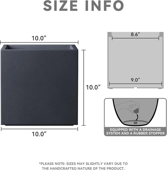 Kante 10 Inch Square Concrete Planter for Outdoor Indoor Home Patio Garden, Large Plant Pot with Drainage Hole and Rubber Plug, Charcoal