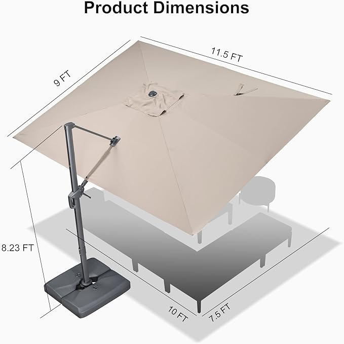 PURPLE LEAF 9' X 11.5' Rectangle Cantilever Umbrella with Base Outdoor Large Aluminum Patio Umbrella with 3-Year Fade Resistance Recycled Fabric and 360-degree Rotation for Deck Pool Garden, Sand Dune