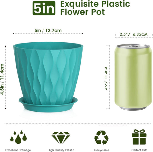 5 inch Plant Pots for Indoor Outdoor Plants, 6 Pack Flower Pots with Drainage Holes and Saucers, 3D Modern Wave Texture Small Plastic Planter Pots for Nursery and House Plants, Blue Green