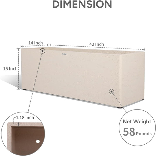 42 Inch Rectangular Concrete Planter(42Lx14Wx15H,58 Pounds),Durable All-Weather Use with Drainage Holes,Large Rectangular Planter for Outdoor Indoor Plants